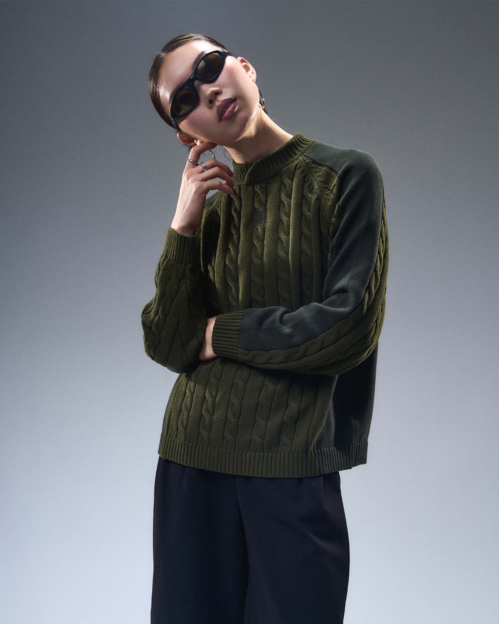 Overlap Collar Cable Knit - Green