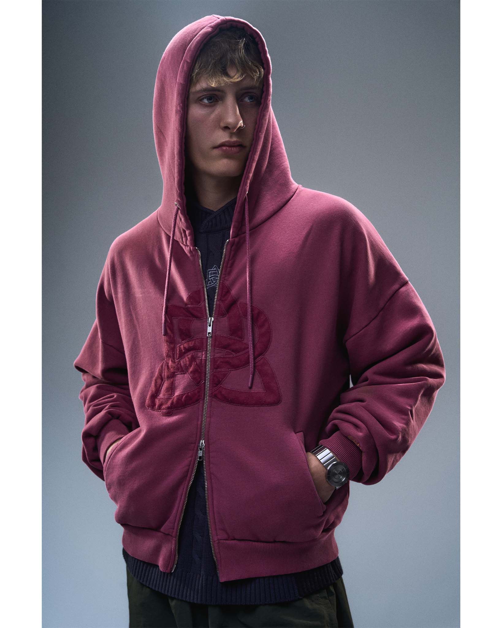 Logo Appliqué Zip Hoodie - Pink