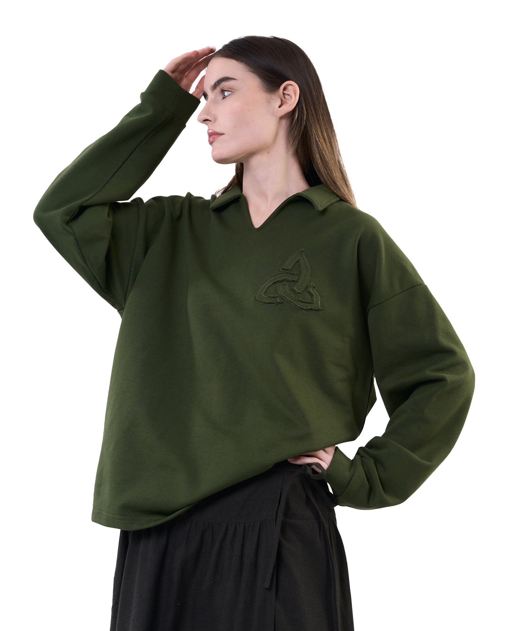 Appliqué Polo Collar Sweatshirt - Green