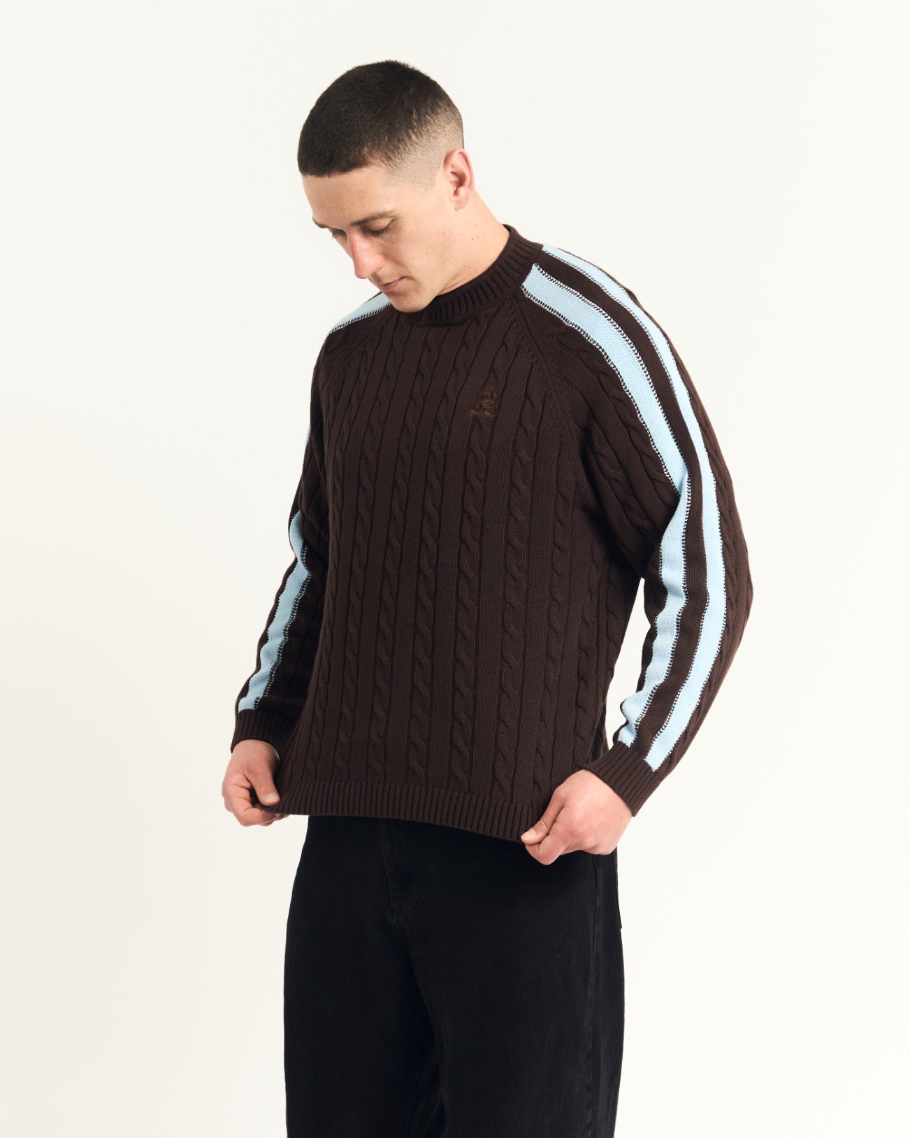 Overlap Collar Cable Knit - Brown/Blue