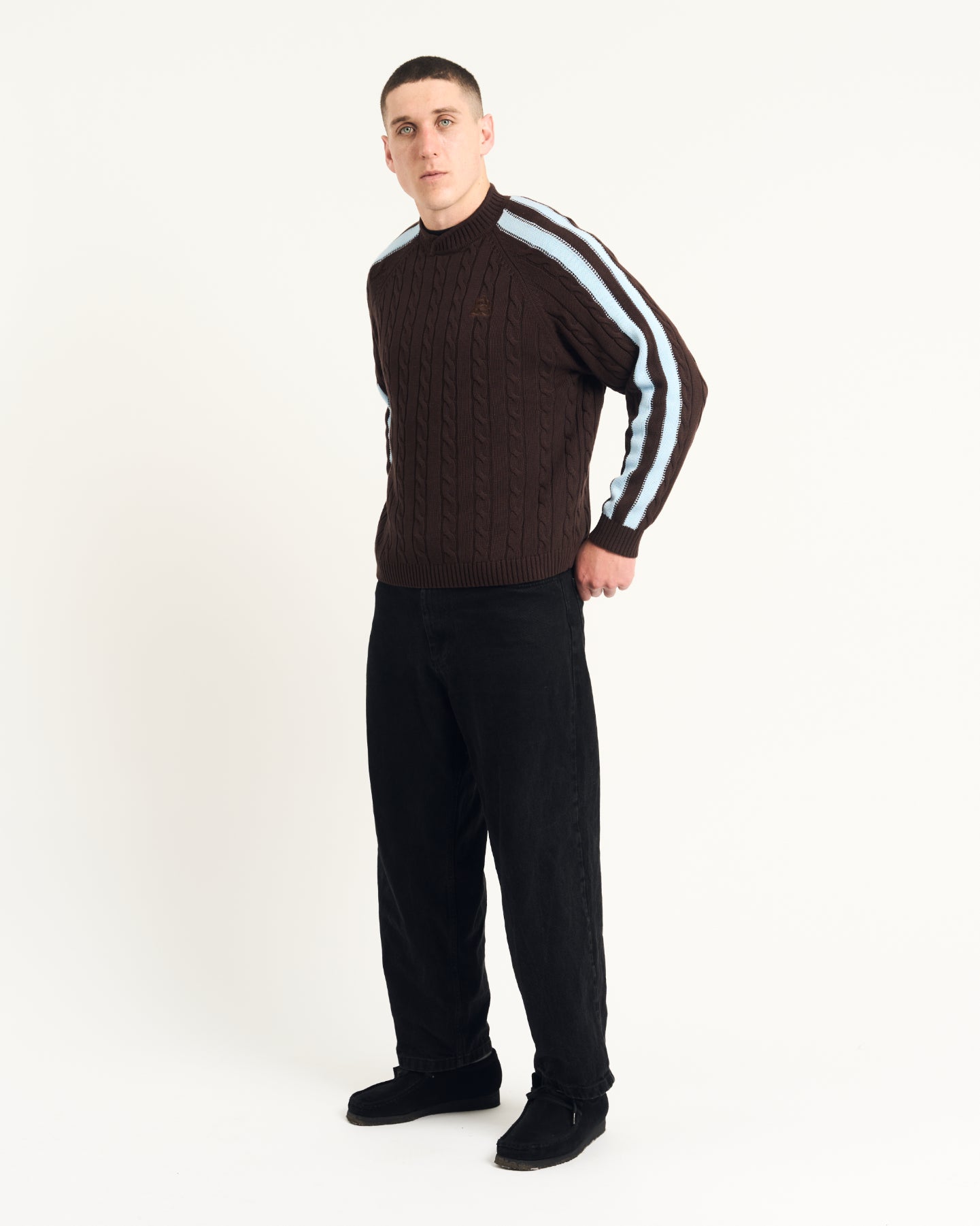 Overlap Collar Cable Knit - Brown/Blue