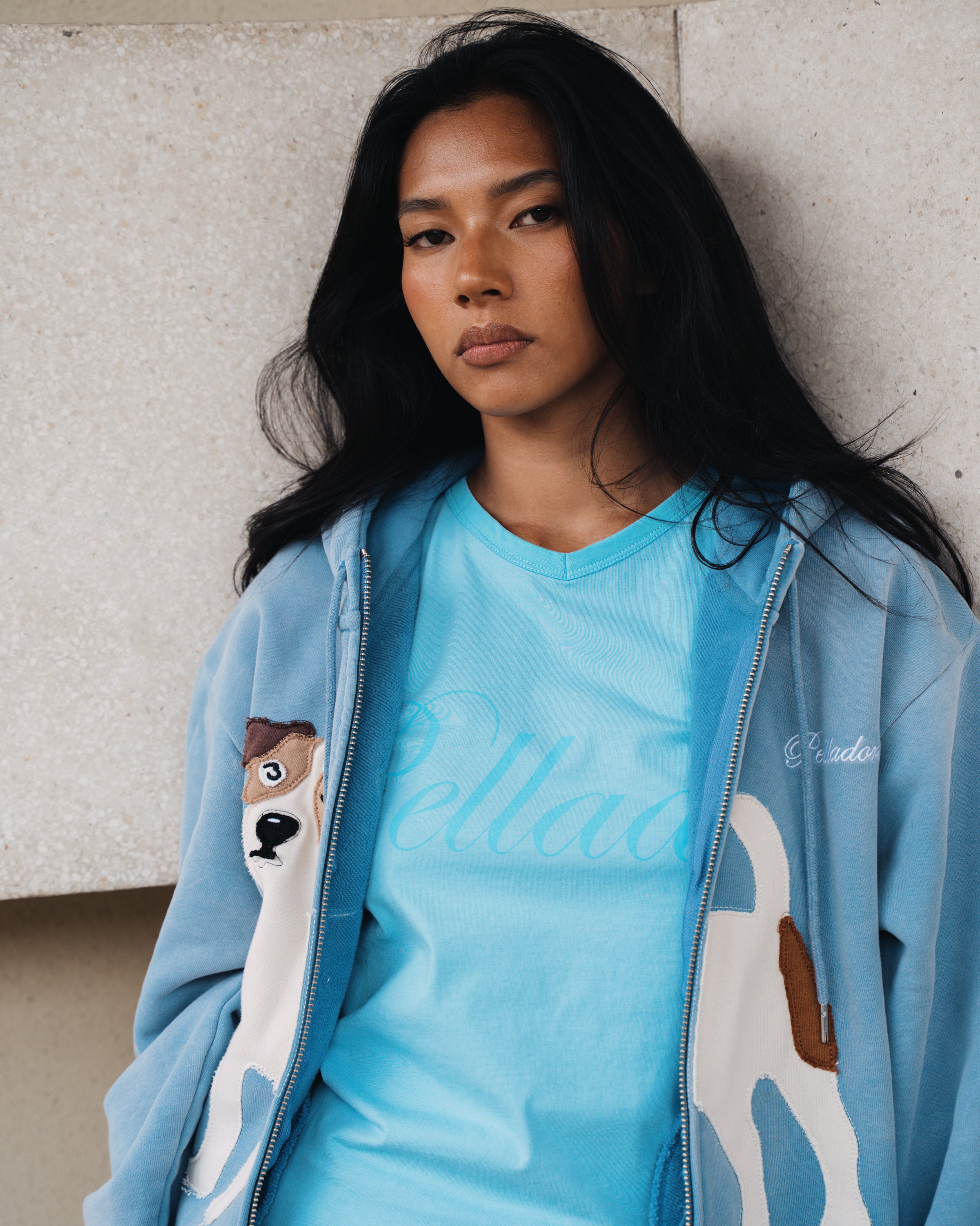 Dog Appliqué Zip Hoodie - Blue