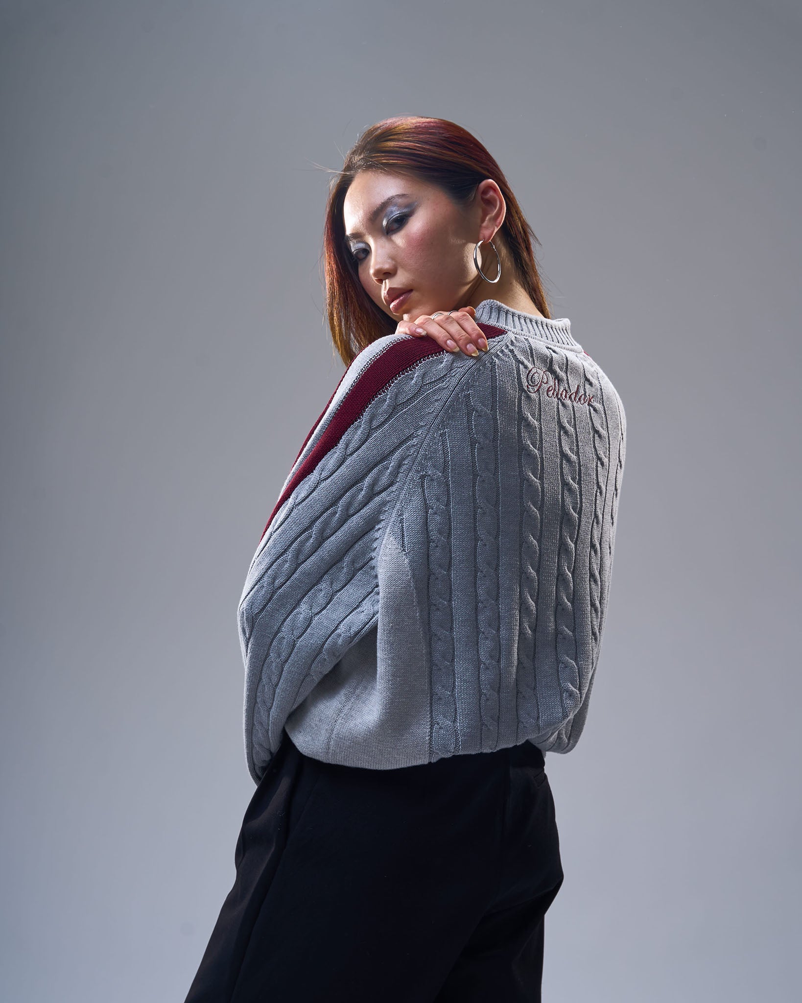 Overlap Collar Cable Knit - Grey Overlap Collar Cable Knit - Grey