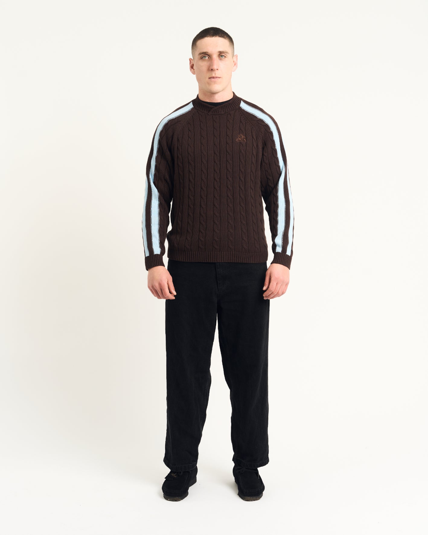 Overlap Collar Cable Knit - Brown/Blue