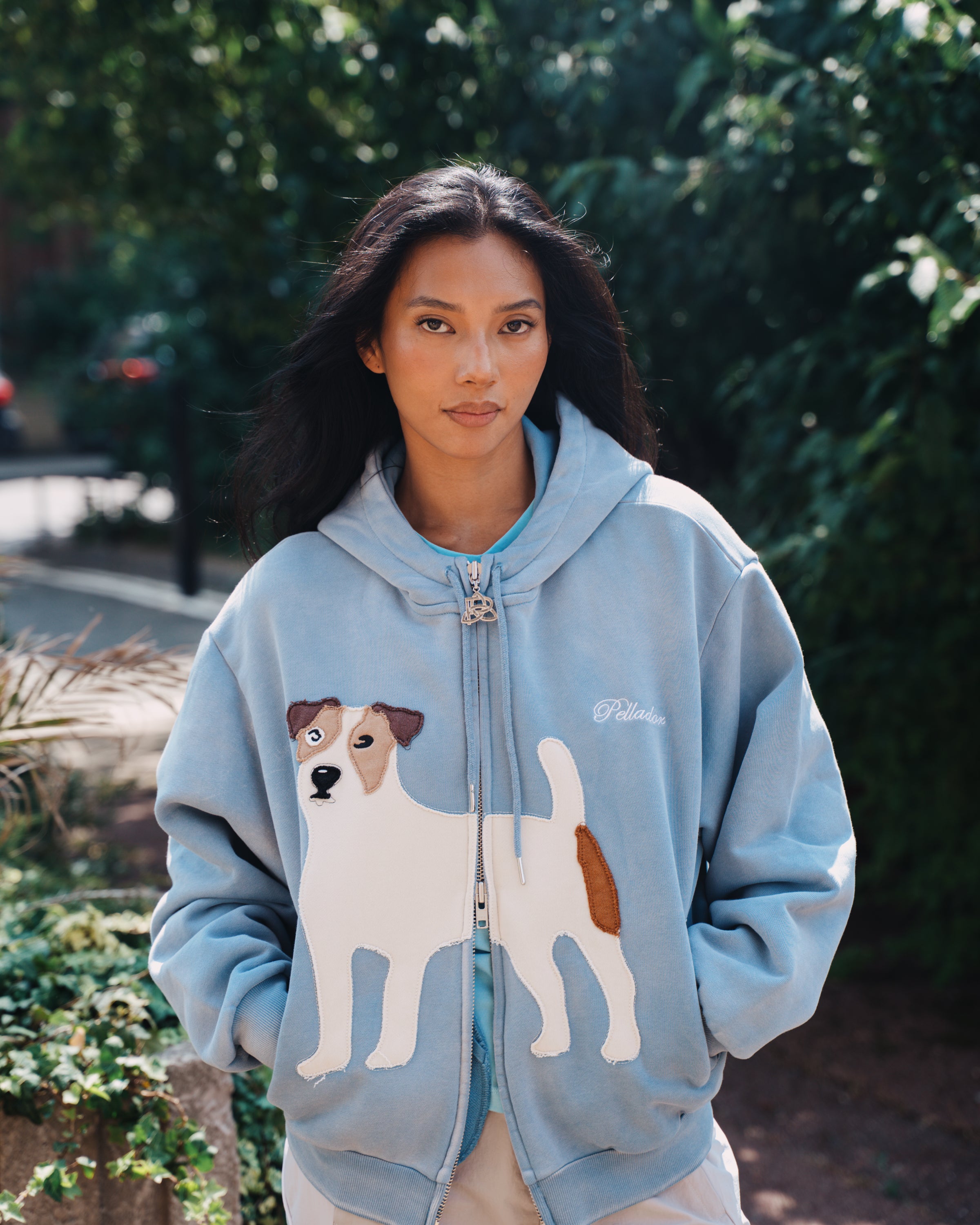 Dog Appliqué Zip Hoodie - Blue