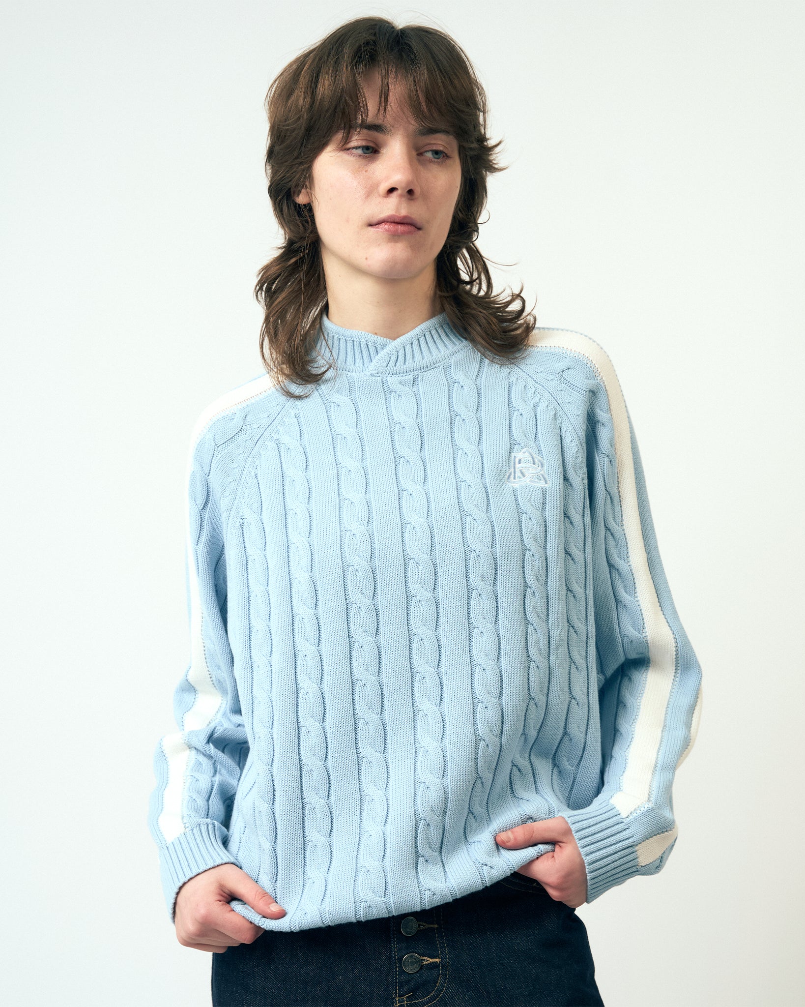 Overlap Collar Cable Knit - Blue