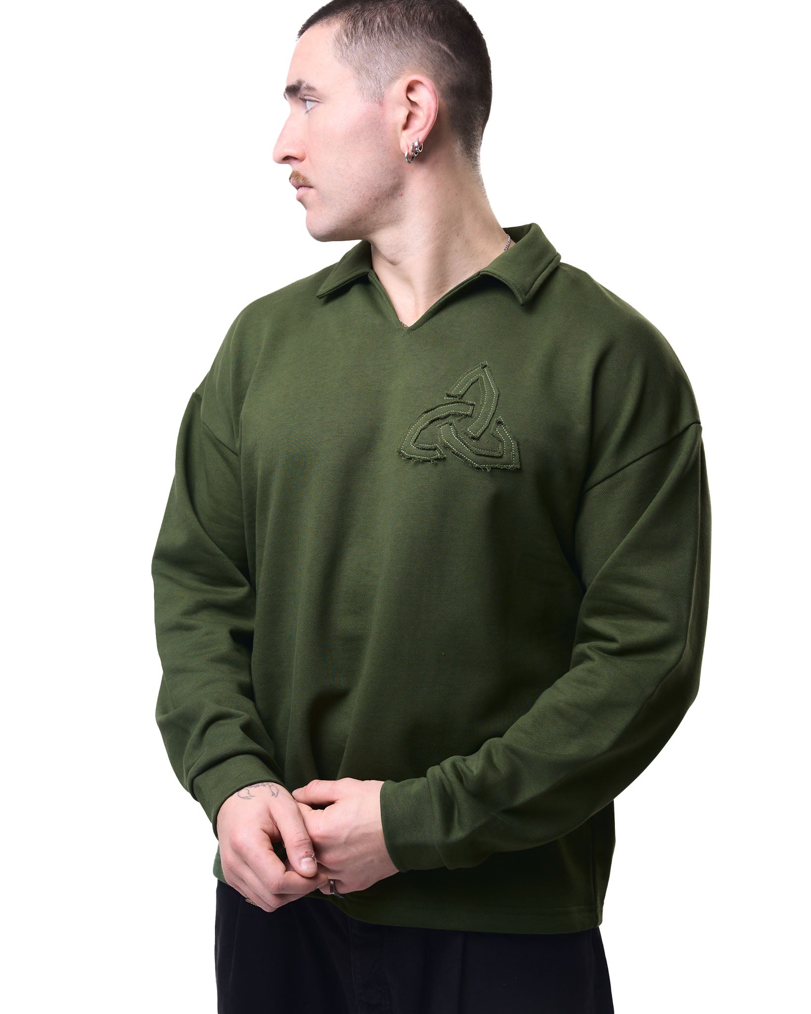 Appliqué Polo Collar Sweatshirt - Green